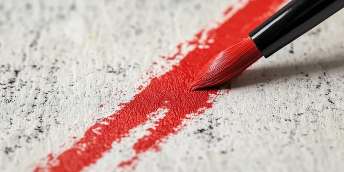 Close up of a chinese calligraphy brush with red ink stroke on texture.