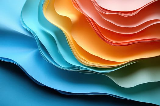 Folded colored sheets of paper stand on the table, top view of the edge of the sheets of paper. Abstract paper background.