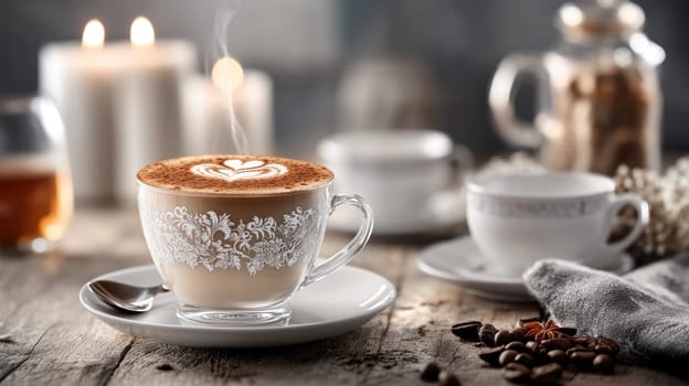A beautifully crafted latte with intricate art sits on a wooden table surrounded by candles and coffee beans, creating a warm and inviting atmosphere perfect for relaxation.