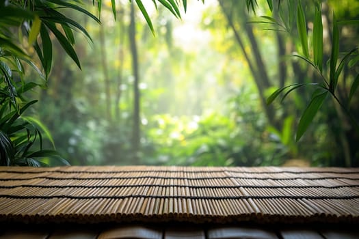 Blurred photo of tropical forest with bamboo mat in foreground for product advertisement. Natural background.