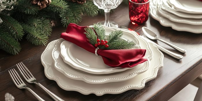 Elegant holiday table setting with white plates and silverware for festive gatherings.