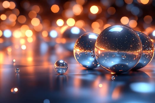 Sparkling metallic balls with mirror surface on golden bokeh background.