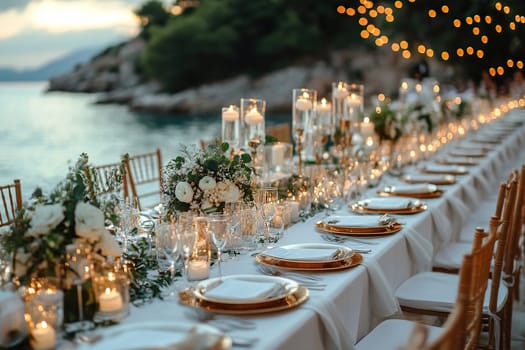 Greek style wedding party. Luxurious wedding table decor in Greek style in white tones with white elegant flowers.