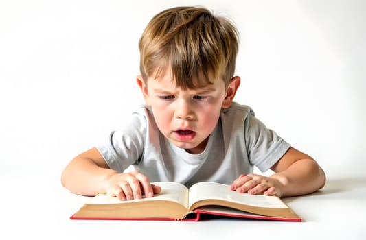 A young boy is intensely focused on reading a book, displaying curiosity and effort in understanding the content. Doll, drawing, graphics