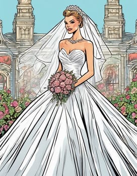 Young woman bride wearing a beautiful wedding dress in city background - Generative ai