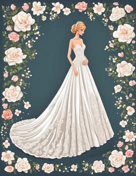 Young woman bride wearing a beautiful wedding dress surrounded by flowers - Generative ai