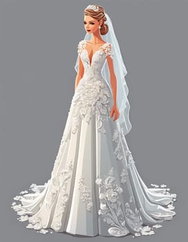 Young woman bride wearing a beautiful wedding dress in grey background - Generative ai