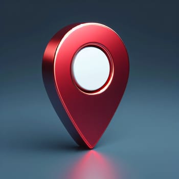3d rendering of a shiny red map pin icon with a glowing edge effect, standing against a smooth dark blue gradient background with a subtle reflective surface