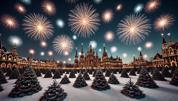 A city with a large castle and many trees with fireworks in the background
