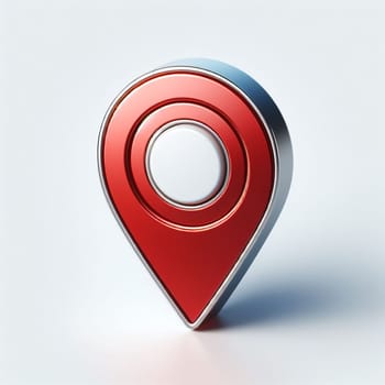3d illustration of a red and chrome map pin icon, casting a soft shadow on a clean white background, symbolizing location tagging, gps navigation, and travel planning
