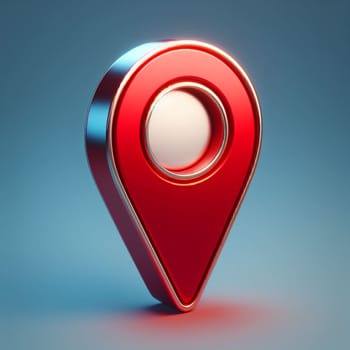 Vibrant 3d illustration of a shiny red map pin icon set against a smooth blue gradient backdrop, symbolizing location pinpointing, navigation, and digital mapping technologies