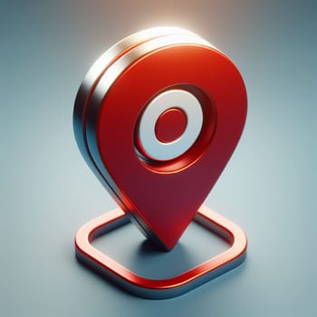 Striking 3d illustration of a glossy red map pin icon with a metallic finish and drop shadow effect, set against a soft blue gradient background, depicting location and navigation themes