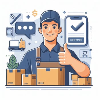 Illustration of a smiling delivery man giving a thumbs up with logistics icons like a truck, airplane, smartphone, and packages, symbolizing efficient digital management in the shipping industry