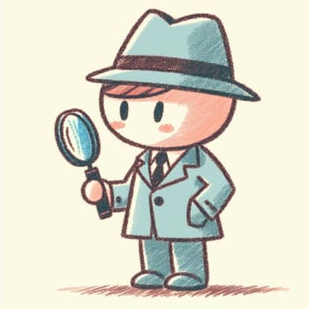 Charming cartoon detective character with a big head is looking through a magnifying glass, wearing a classic trench coat and a fedora, ready for some investigative fun