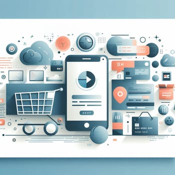 Abstract digital technology illustration featuring a smartphone with a play button, surrounded by cloud computing, shopping, and data analytics icons on a pastel background