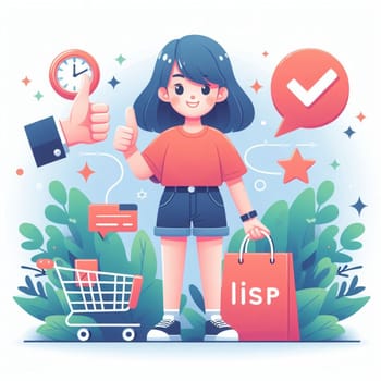 Cheerful character holding a shopping bag next to a shopping cart, showcasing digital satisfaction symbols like thumbs-up, checkmark, and time efficiency in a vibrant, stylized environment