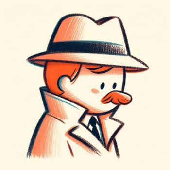 Illustration of a vintage-inspired detective character with an oversized mustache, wearing a fedora hat and trench coat, reminiscent of classic mystery novels and films