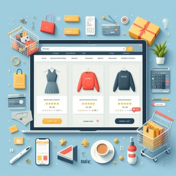 Creative flat lay illustration of an online shopping interface on a tablet, surrounded by various shopping items, gadgets, and a miniature cart filled with product boxes