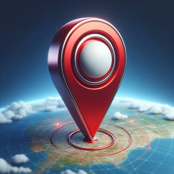 Vibrant 3d render of a shiny red map pin placed prominently on a digitally-stylized earth, representing high-tech navigation, gps tracking, and location services above a network of connections