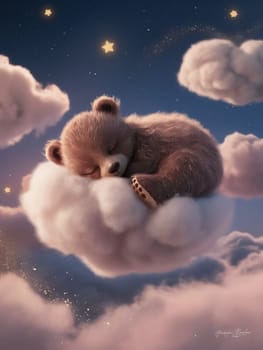 A bear is sleeping on a cloud in the sky. The sky is cloudy and the moon is visible in the background ai generated
