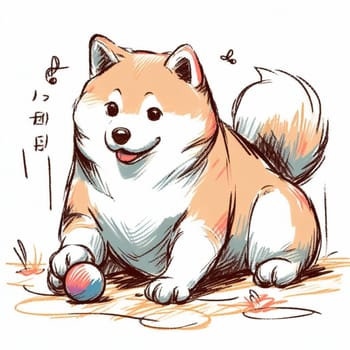 Adorable illustrated shiba inu dog happily plays with a colorful ball, surrounded by small flowers and butterflies, conveying joy and the playful spirit of pets