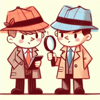 Illustration of two adorable cartoon detectives, one with a notebook and the other holding a magnifying glass, wearing trench coats and fedora hats on a mystery-solving adventure