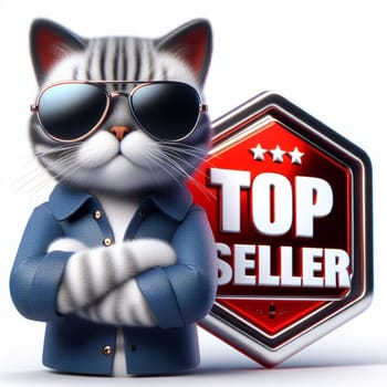 Digital illustration of a stylish cat character wearing sunglasses and a smart suit, confidently standing next to a gleaming top seller badge with a star rating