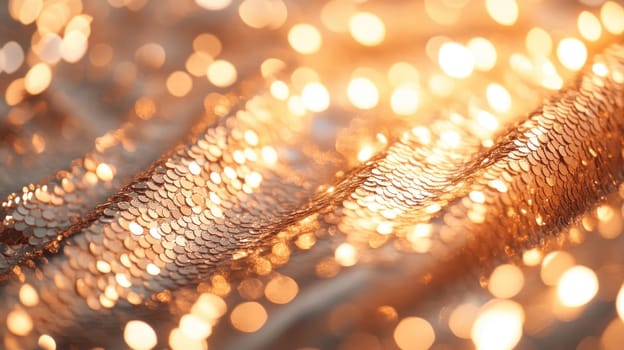 Golden sequins fabric glittering in warm light, creating a stunning bokeh effect, perfect for backgrounds or design elements