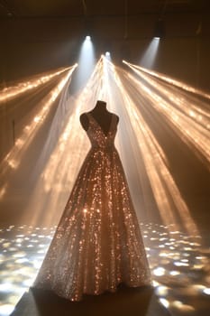 Elegant golden gown with sequins shimmering under dramatic stage lighting, creating a glamorous atmosphere
