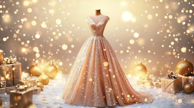 Elegant golden gown showcased amidst christmas presents and ornaments, creating a festive and glamorous holiday scene