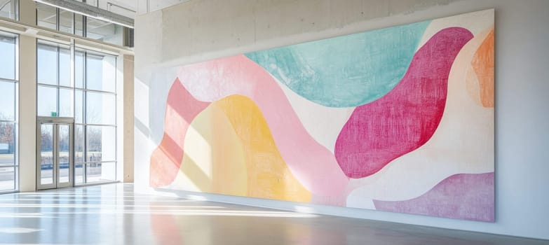 Colorful abstract painting displayed in a spacious white modern art gallery with natural light illuminating artwork