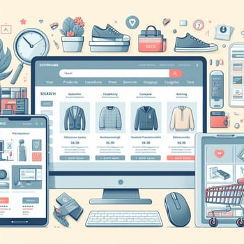 Detailed illustration showcasing various elements of online shopping including a computer, mobile devices, and icons representing e-commerce activities like searching, buying, and reviewing products
