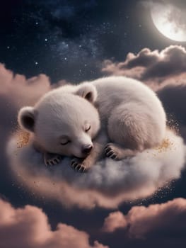 A bear is sleeping on a cloud in the sky. The sky is cloudy and the moon is visible in the background ai generated