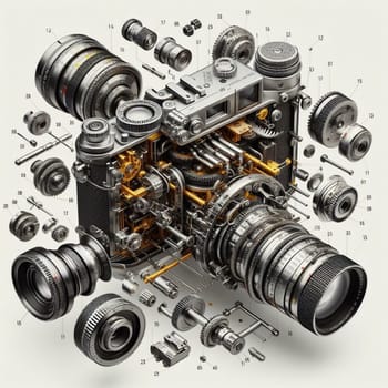 Meticulously detailed illustration showing an exploded view of a vintage camera with its parts and lenses systematically laid out on a neutral background, perfect for technical and educational use