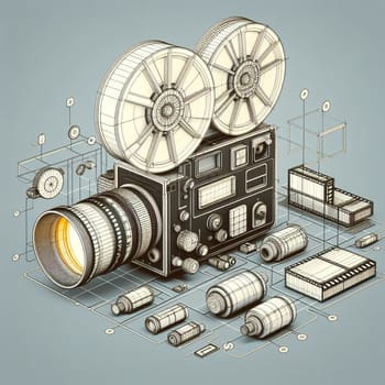 Detailed isometric illustration of a classic movie camera surrounded by film reels, depicting the charm of traditional filmmaking in a stylized, conceptual, and technology-evocative design