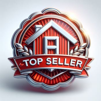 Striking 3d-rendered top seller badge featuring a house icon, laurels, and banner, symbolizing excellence in sales, suitable for real estate or retail achievements