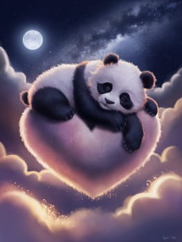 A panda bear is sleeping on a heart. The image has a dreamy and whimsical mood ai generated