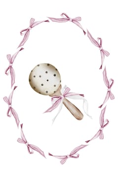 Baby rattle toy watercolor.Hand drawn baby accessory in a bow frame. Clip art in pink tones. Perfect for birth, baby shower and hospital discharge cards