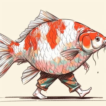 Surreal and artistic representation of a koi fish with human legs confidently walking in stylish trousers, blending aquatic and anthropomorphic elements in a whimsical illustration