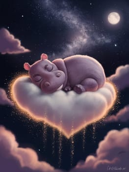 A cute little hippo is sleeping in a cloud shaped like a heart. The clouds are fluffy and white, and the sky is dark with stars. The image has a dreamy, whimsical feel to it ai generated