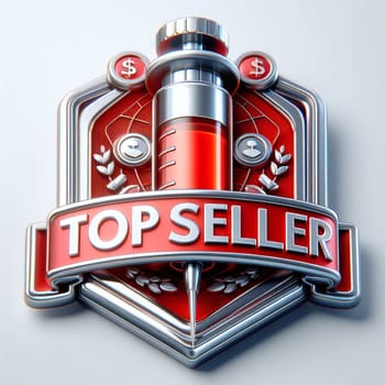 Intricately designed 3d illustration of a top seller badge. Featuring shiny metallic textures. Currency symbols. And laurel accents set against a neutral background