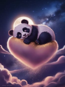 A panda bear is sleeping on a heart. The image has a dreamy and whimsical mood ai generated