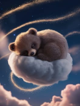 A bear is sleeping on a cloud in the sky. The sky is cloudy and the moon is visible in the background ai generated