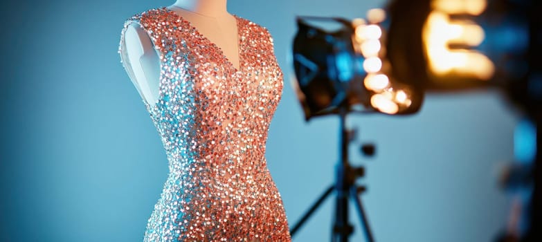 Sparkling evening gown on mannequin under studio lighting, showcasing fashion and design