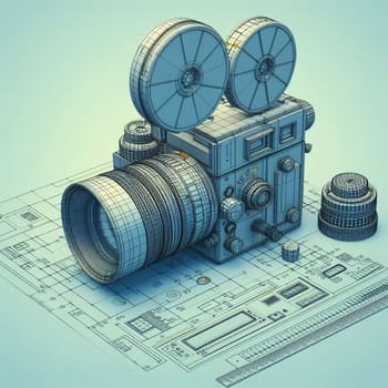 Highly detailed conceptual illustration of a vintage camera with film reels over a blueprint background, perfect for themes involving photography, innovation, and technology design