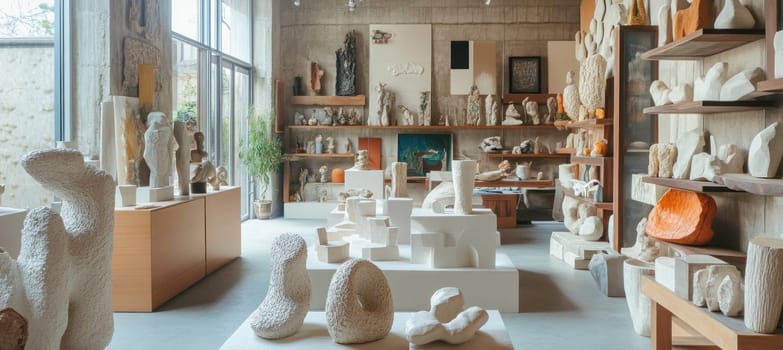 Bright, spacious art gallery displaying various contemporary sculptures and paintings, celebrating modern artistic expression