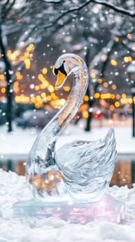 Elegant ice swan sculpture glowing in snowy urban park during winter, creating magical christmas atmosphere