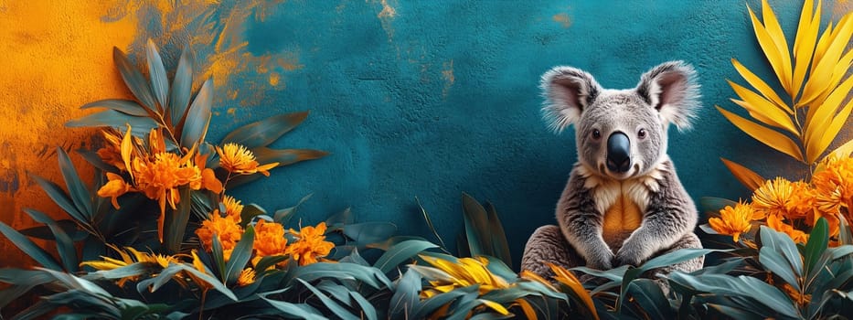 A cute koala surrounded by lush yellow flowers, set against a textured blue and orange background. Concept of Nature, wildlife, and decorative floral art featuring Australian animals.