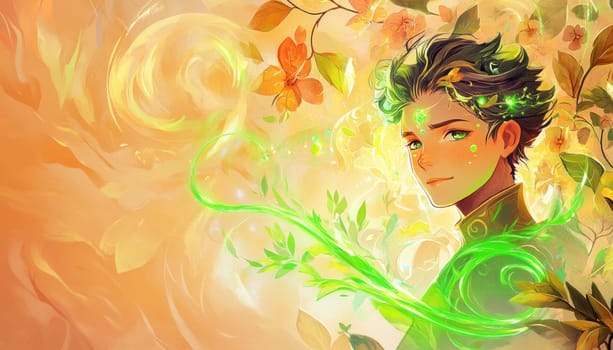 Fantasy illustration of a young druid controlling magic green energy with flowers and orange background