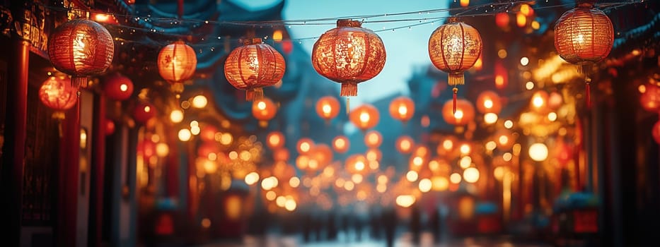 A bustling Chinese street illuminated with glowing red lanterns at night, creating a magical festive atmosphere. Festive magic and cultural celebration.